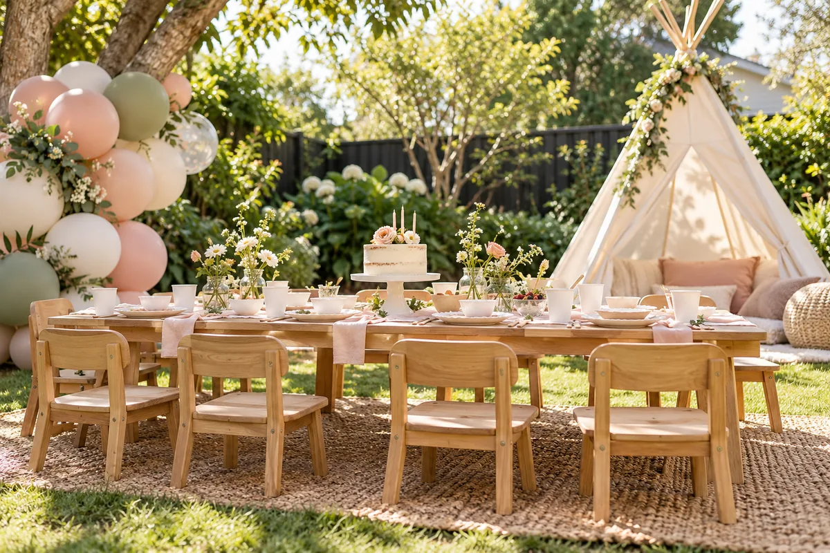 Illustrative children’s garden birthday party with little timber chairs, a picnic table, soft balloons and a canvas teepee